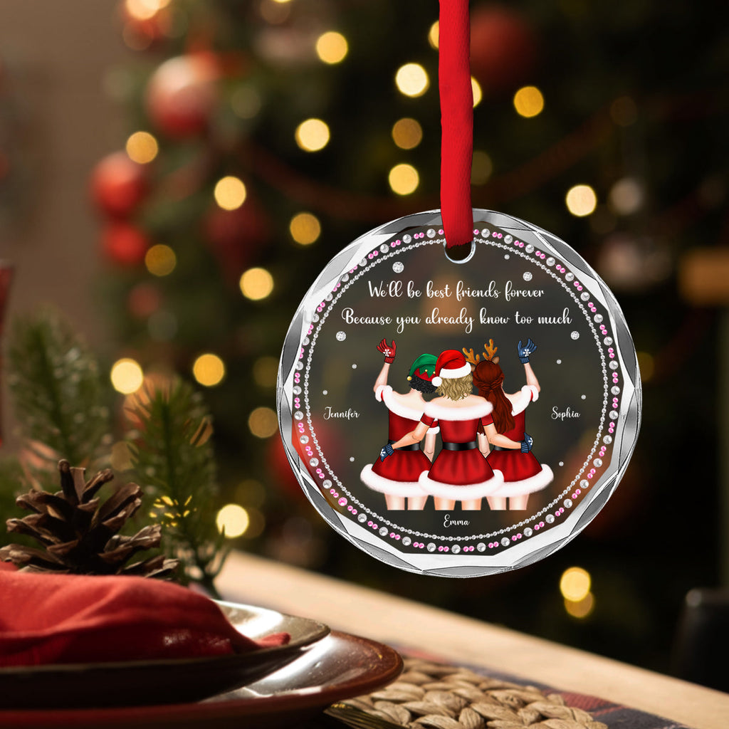 Custom Friendship Christmas Ornament, Best Friend Gift •  You Know Too Much - Personalized Glass Ornament