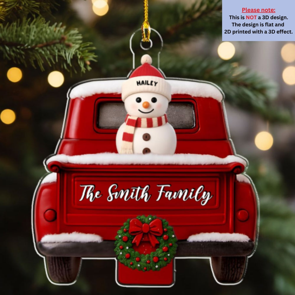 Custom Family Ornament, Christmas Gift for Family Members •  Red Truck Snowman Family - Personalized Acrylic Ornament