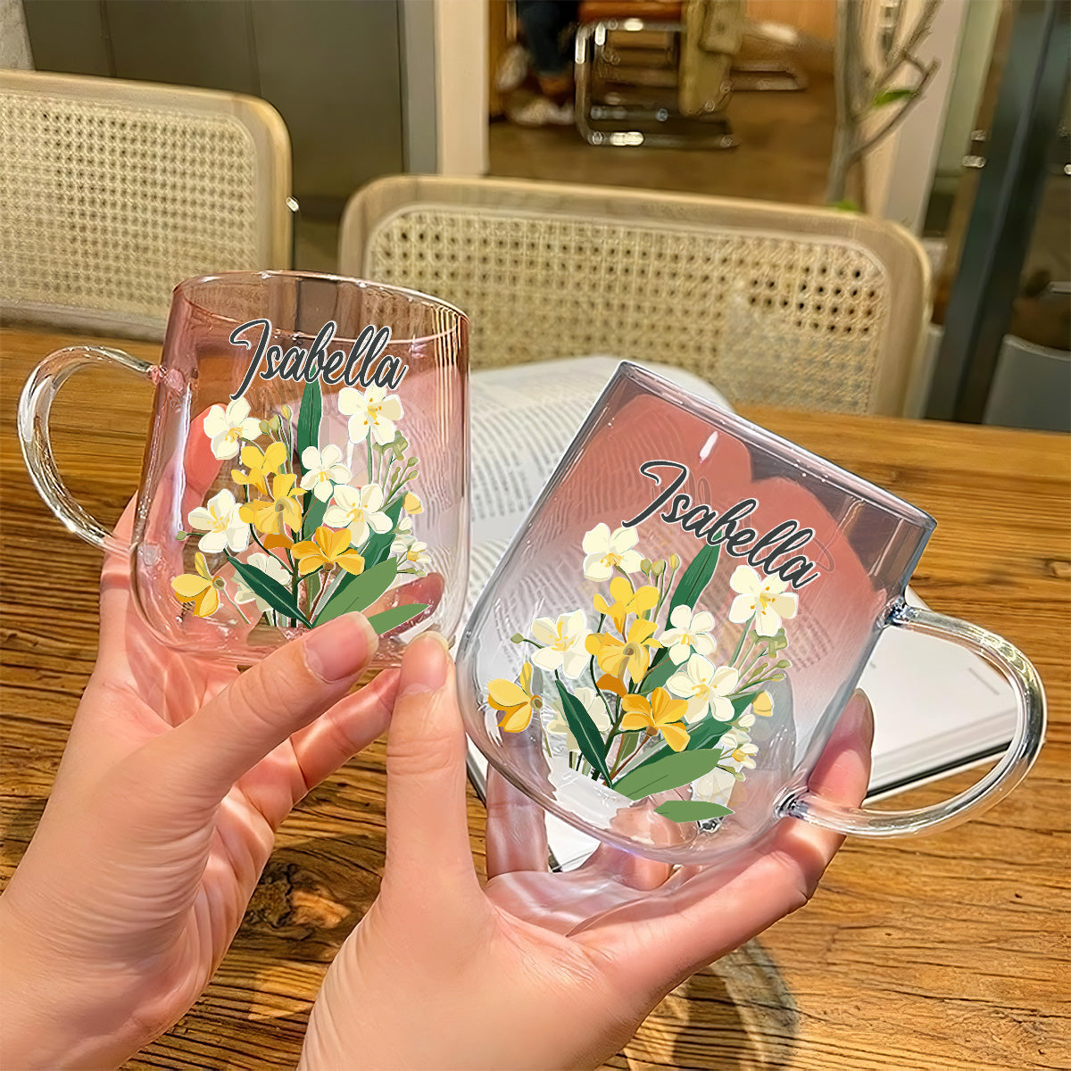 Custom Christmas & Birthday Keepsake Gift • Name Birth Month Flowers - Personalized Pink Gradient Glass Mug