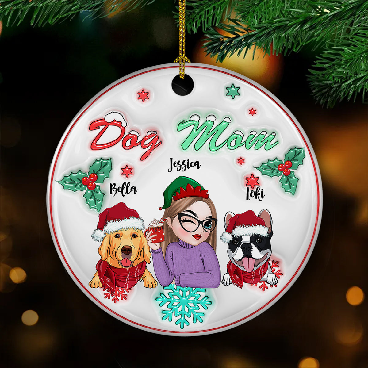 Custom Keepsake Christmas Ornament •  Dog Mom Pastel - Personalized 3D Inflated Effect Ceramic Ornament