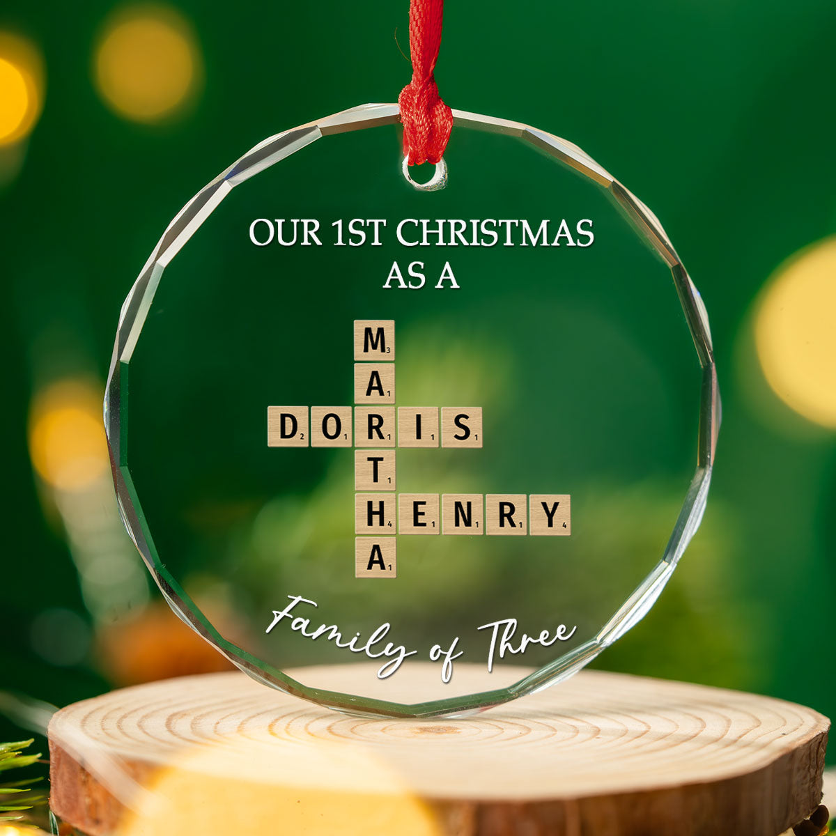 Custom Family First Christmas Ornament •  Crossword Art Created In A Moment - Personalized Glass Ornament