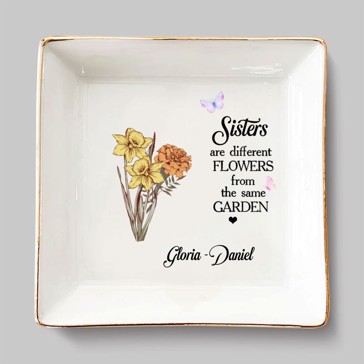 Custom Sister Trinket Dish, Birthday Christmas Gift for Sister • Floral Sisters Forever - Personalized Jewelry Dish