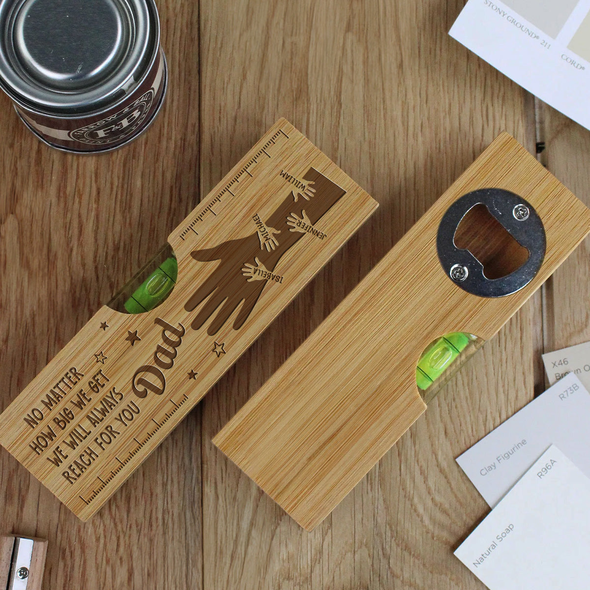 Held by Your Hands, Guided by Your Love - Personalized Engraved Wooden Spirit Level Bottle Opener