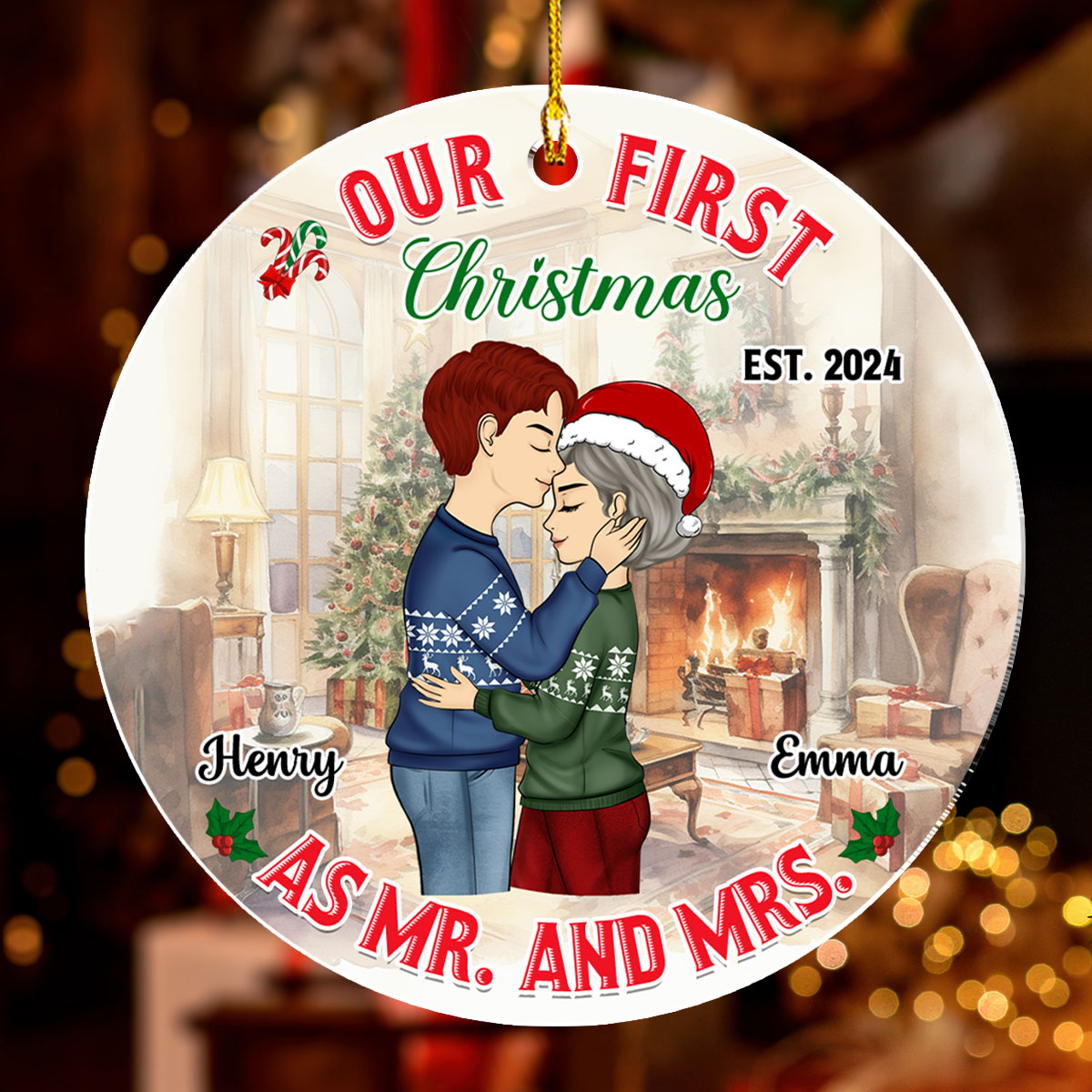 Custom First Christmas Ornament Married, Gift for Newlyweds •  Mr And Mrs - Personalized Acrylic Ornament