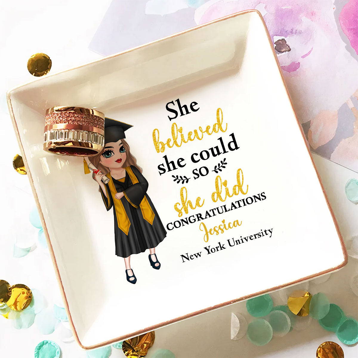 Custom Class of 2026 Trinket Dish, Graduation Gift For Her • She Believed She Could - Personalized Jewelry Dish