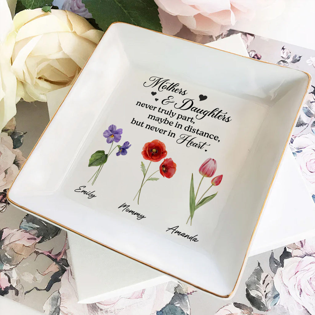 Custom Birth Flower Daughter Trinket Dish, Meaningful Birthday Gift For Her • Mother And Daughter - Personalized Jewelry Dish