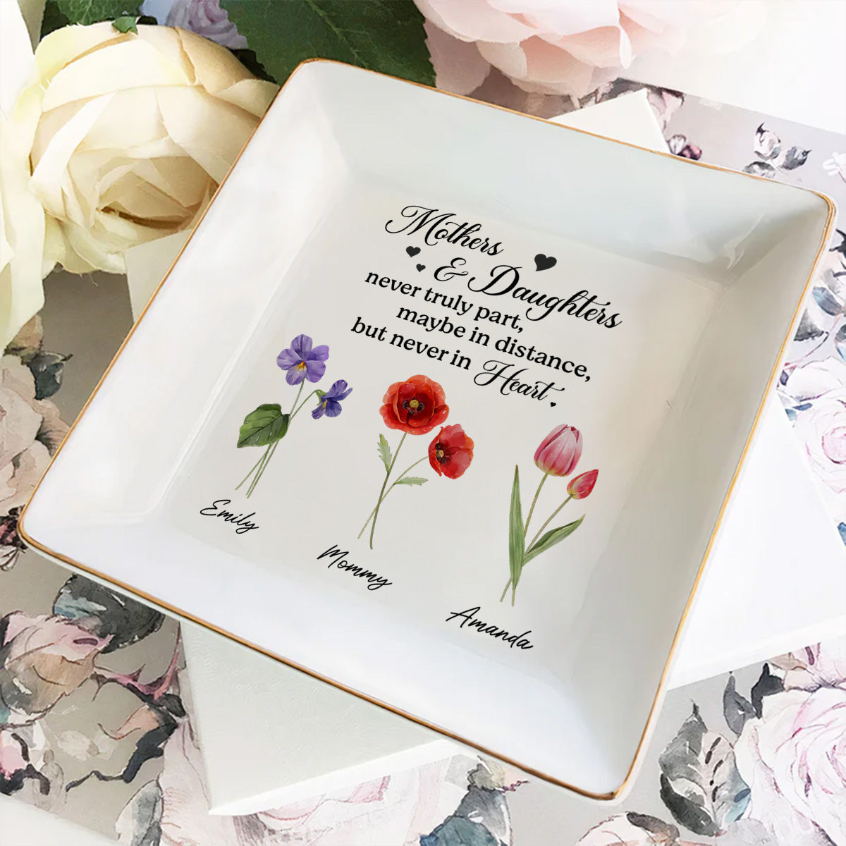 Custom Birth Flower Daughter Trinket Dish, Meaningful Birthday Gift For Her • Mother And Daughter - Personalized Jewelry Dish
