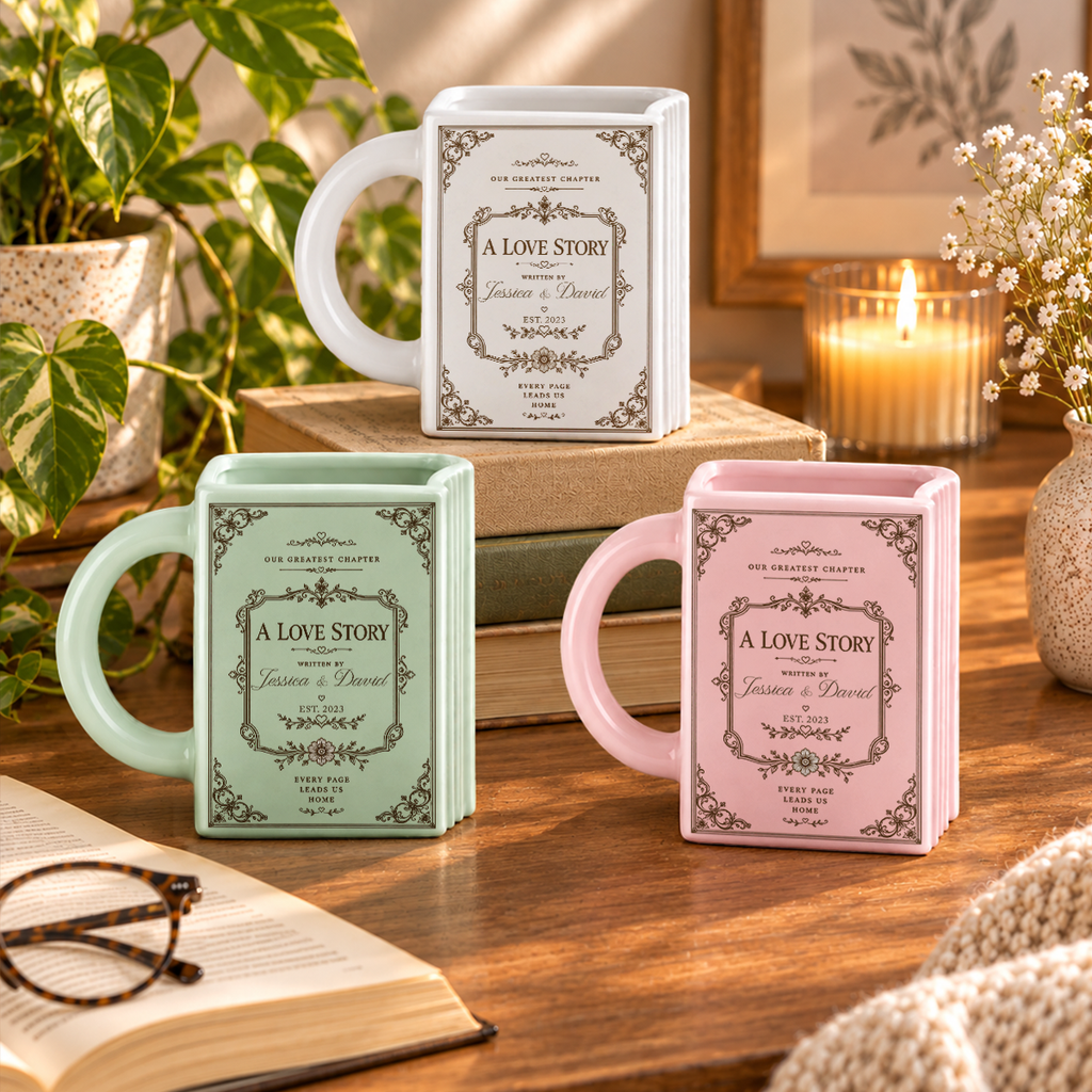Custom Bookish Drinkware, Christmas Birthday Gift For Book Lovers • Custom Book Lover Drinkware, Romantic Gift For Couples • Together Is Our Favorite Chapter - Personalized Book Shaped Mug