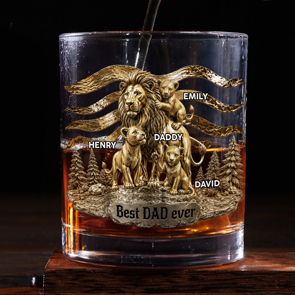 Custom Father's Day Birthday Gifts for Husband • Lion Dad And Kids - Personalized Whiskey Glass