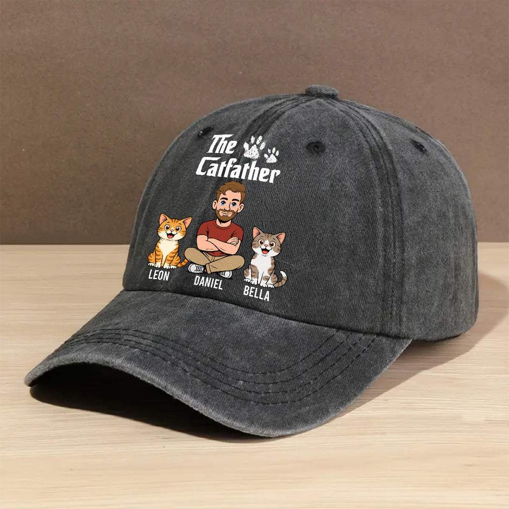 Custom Christmas Headwear Birthday Gifts for Cat Parents • Cool Cat Father Retro - Personalized Vintage Washed Denim Cap