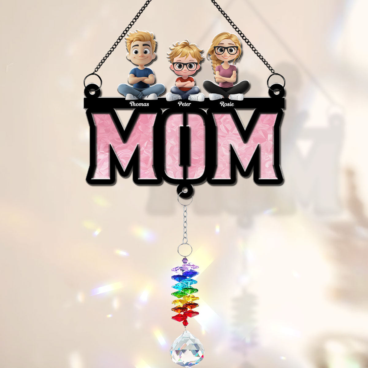 Custom Hanging Decor, Birthday Housewarming Gift • Mother Is Our Sunshine - Personalized Suncatcher With Crystal Rainbow Charm