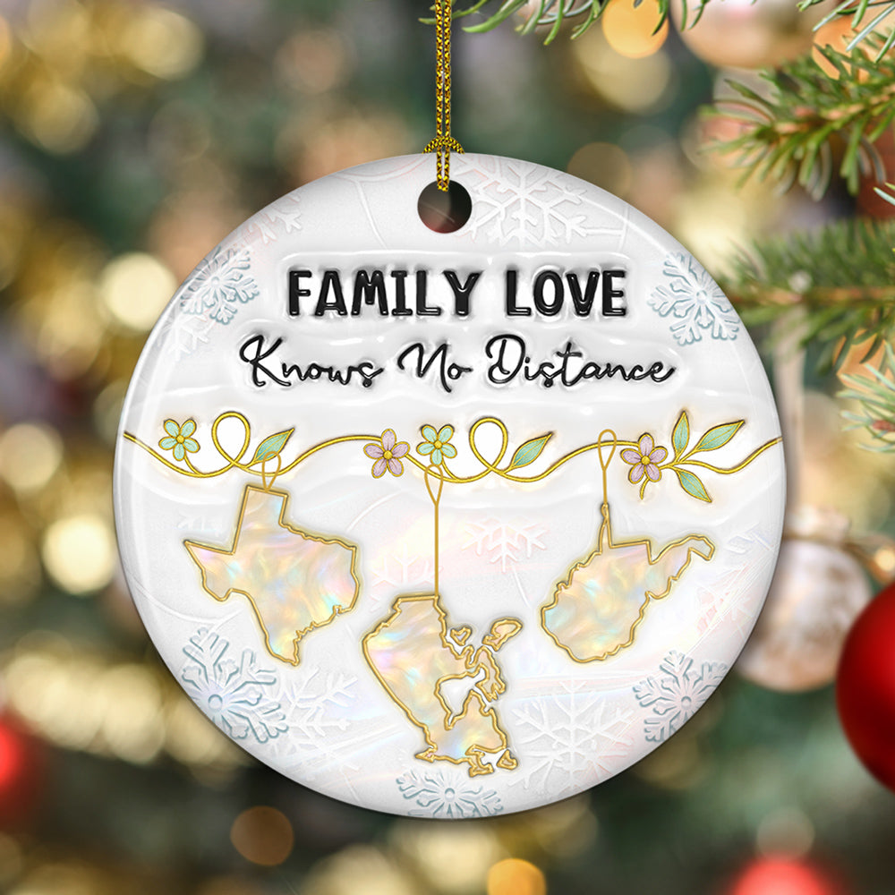 Custom Family Christmas Ornament for Long Distance Families •  Family Love Knows No Distance Mother Of Pearl Countries - Personalized 3D Inflated Effect Ceramic Ornament