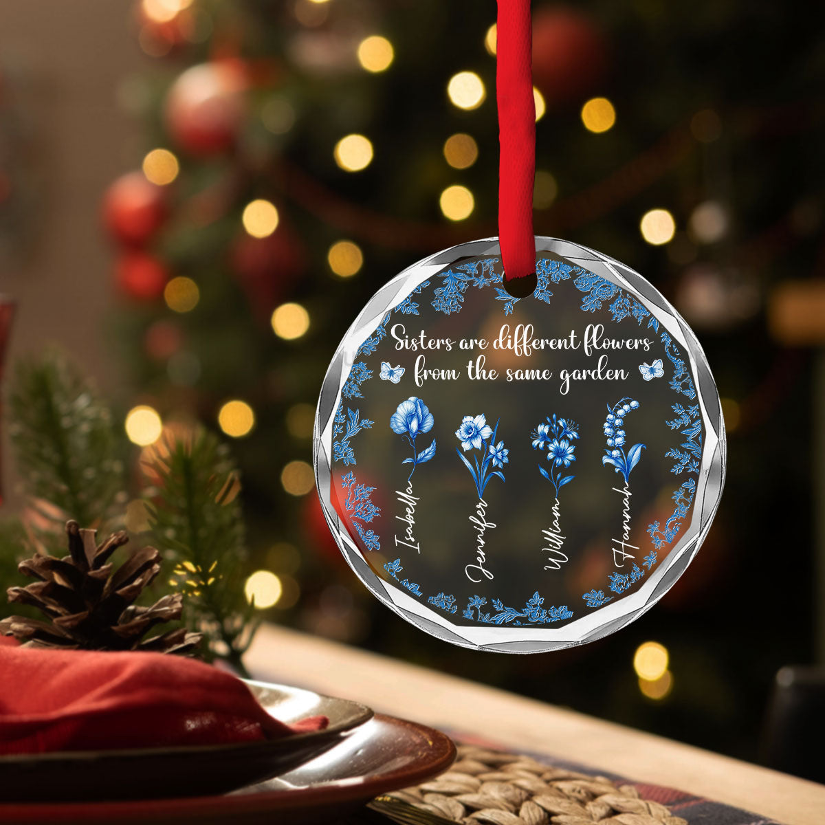 Custom Keepsake Christmas Ornament •  Bestie Flowers Toile De Jouy Style - Personalized Glass Ornament