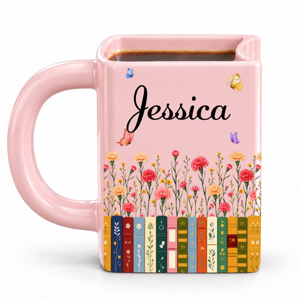 Custom Birth Flower & Name For Friends, Book Lovers, Bookworms, Readers • Made For Cozy Reading Days - Personalized Book Shaped Mug
