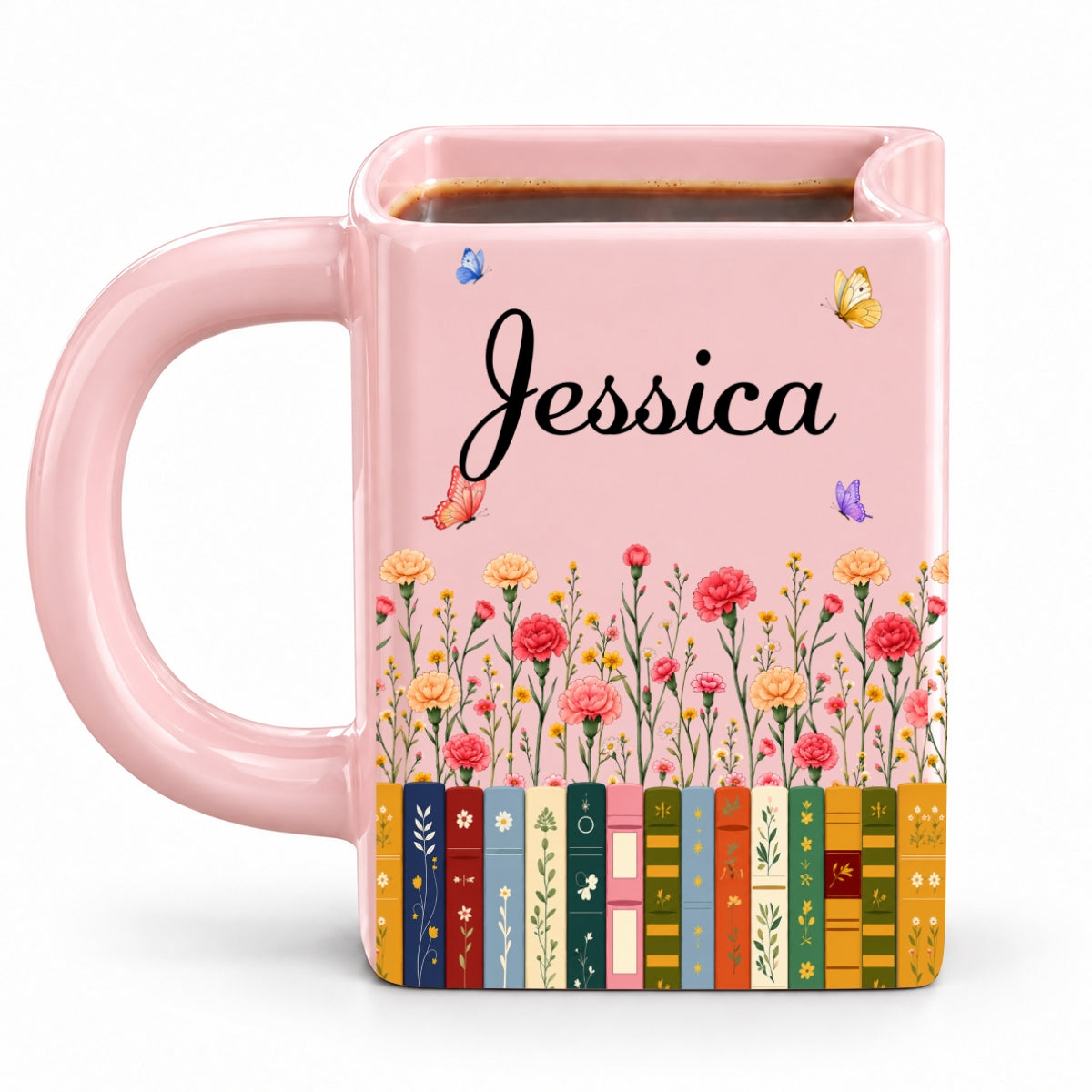 Custom Birth Flower & Name For Friends, Book Lovers, Bookworms, Readers • Made For Cozy Reading Days - Personalized Book Shaped Mug