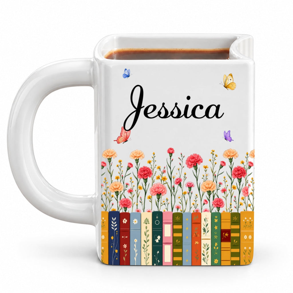 Custom Birth Flower & Name For Friends, Book Lovers, Bookworms, Readers • Made For Cozy Reading Days - Personalized Book Shaped Mug