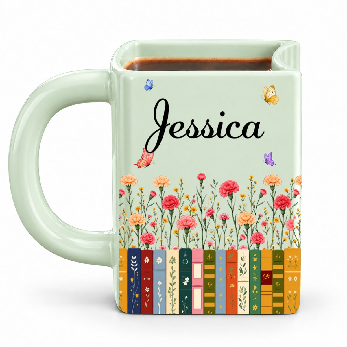 Custom Birth Flower & Name For Friends, Book Lovers, Bookworms, Readers • Made For Cozy Reading Days - Personalized Book Shaped Mug
