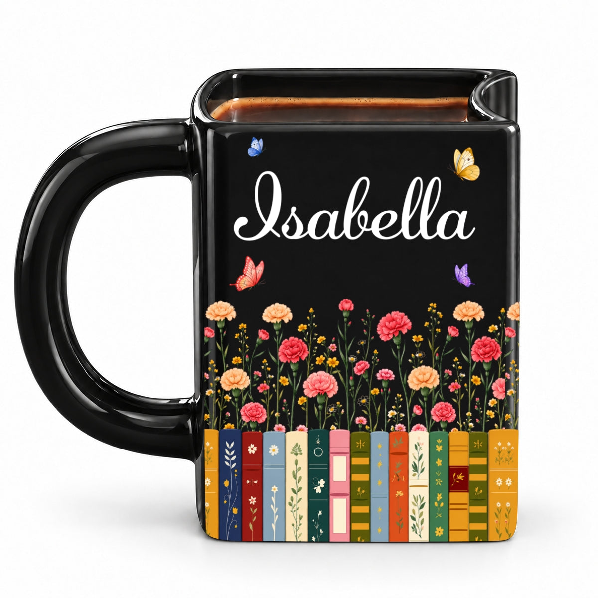 Custom Birth Flower & Name For Friends, Book Lovers, Bookworms, Readers • Made For Cozy Reading Days - Personalized Book Shaped Mug