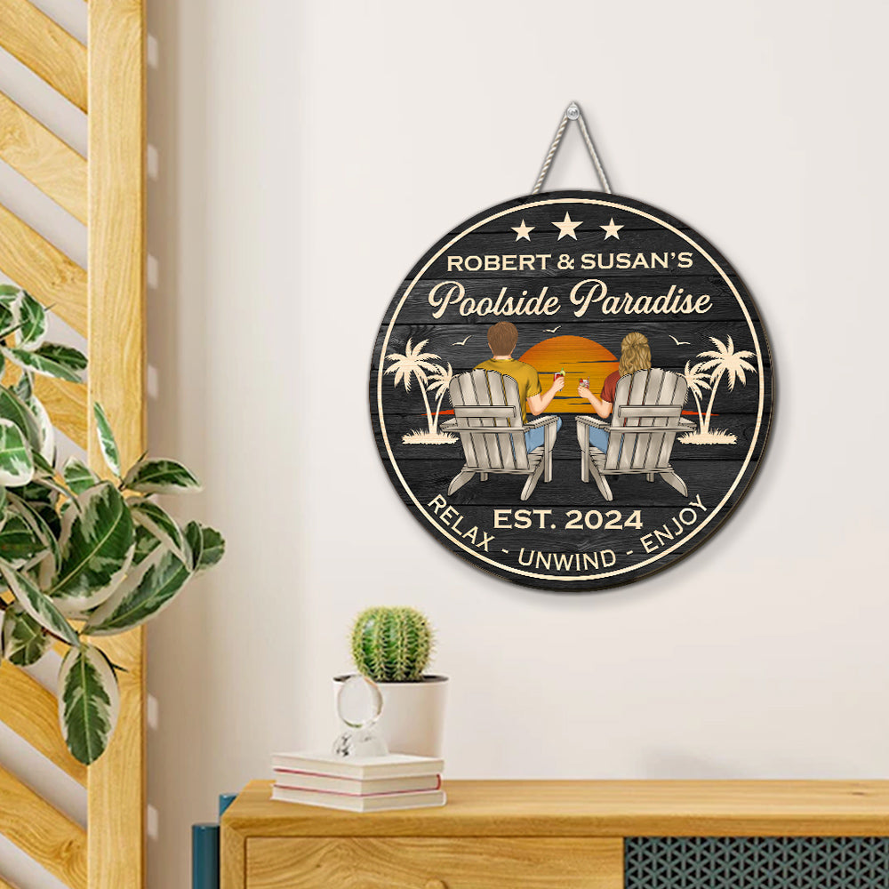 Custom Couple Campground Sign, Campsite Outdoor Wall Decor • Poolside Paradise - Personalized Wood Sign