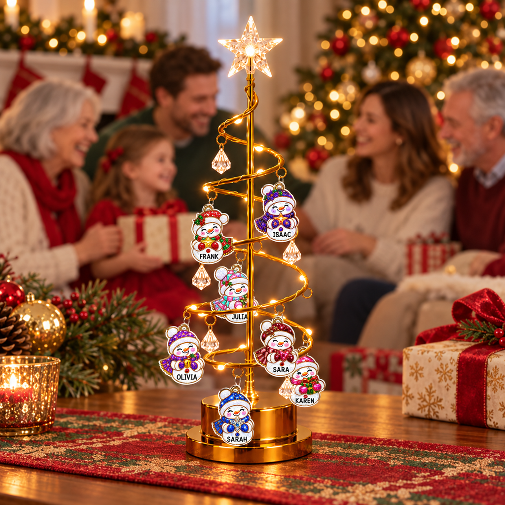 Custom Family Christmas Tree Light, Family Christmas Decor • Snowman Family Tree - Personalized LED Tree Lights