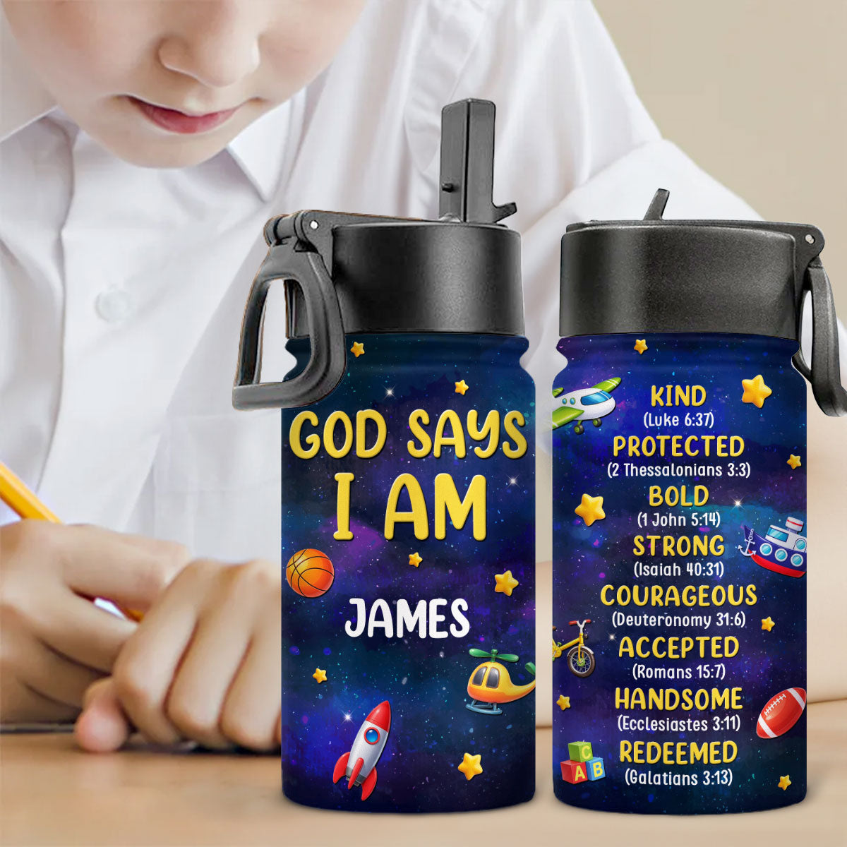 God Says I Am - Personalized 3D Effect Kids Water Bottle
