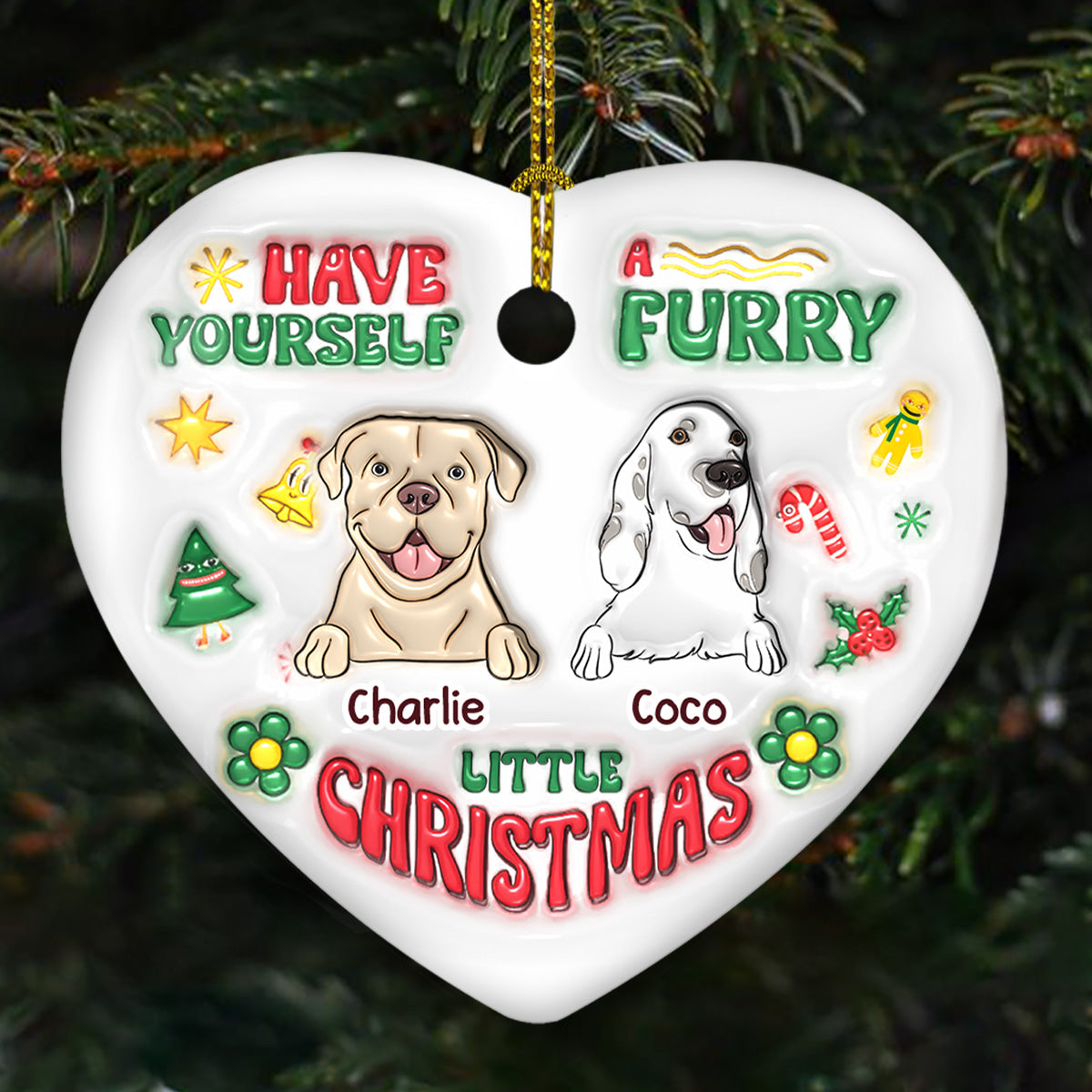 Custom Keepsake Christmas Ornament •  Have Yourself A Furry Little Christmas - Personalized 3D Inflated Effect Heart Ceramic Ornament