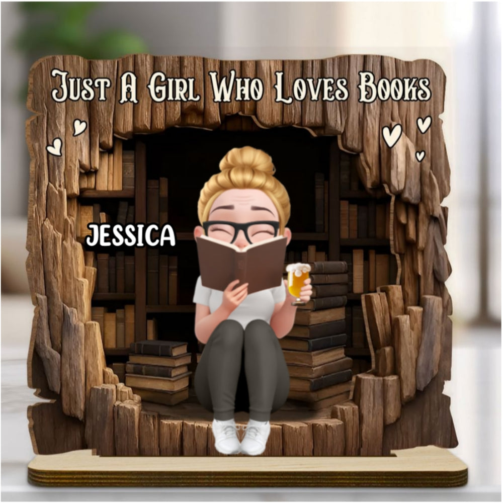 Custom Christmas Book Nook Decor For Bookworms, Book Lovers, Readers • Just A Girl Who Loves Book - Personalized 2-Layer Wood Plaque With Flat Base