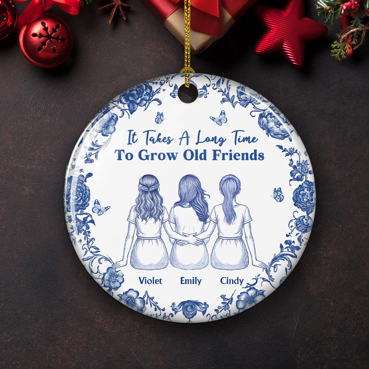 Custom Friendship Christmas Ornament, Best Friend Gift •  A True Friendship Blue Toile - Personalized Ceramic Ornament