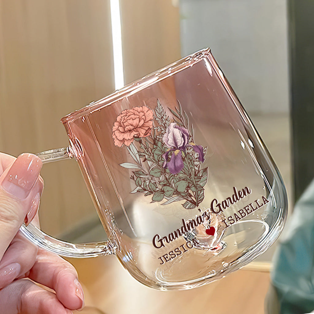Custom Mother's Day Gift for Mom & Grandma • The Garden Of Grandma - Personalized Pink Gradient Glass Mug