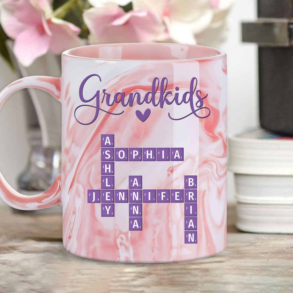 Custom Mother's Day Gift for Mom & Grandma • Love My Grandkids Crossword - Personalized Pink Marble Mug