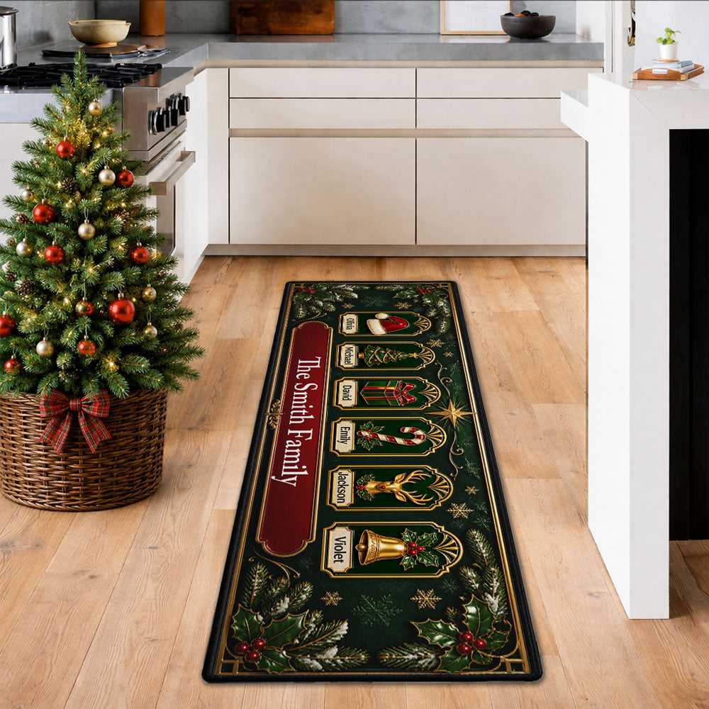 Custom Family Name Christmas Rug, Holiday Gift For Family Members • Jolly Jingle Gift Hat - Personalized Runner Rug