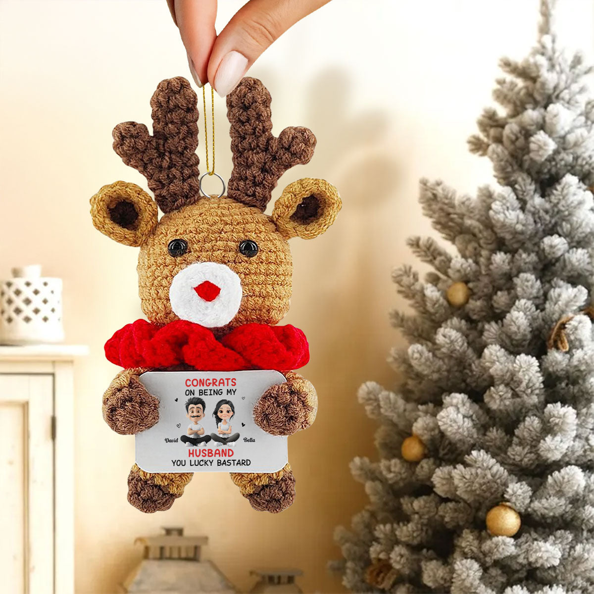 Custom Couple Christmas Ornament, Anniversary Gift •  Congrats My Husband - Personalized Deer Crocheted Ornament