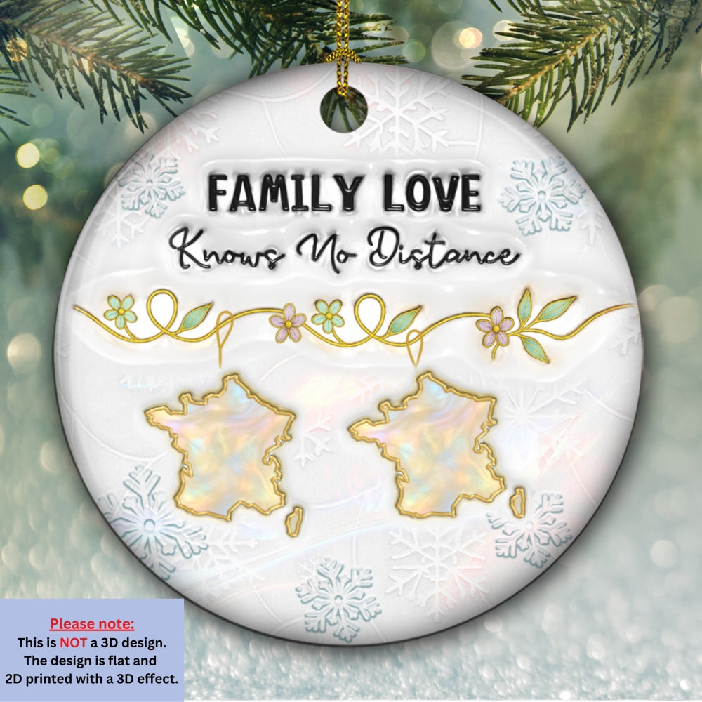 Custom Family Christmas Ornament for Long Distance Families •  Family Love Knows No Distance Mother Of Pearl Countries - Personalized 3D Inflated Effect Ceramic Ornament