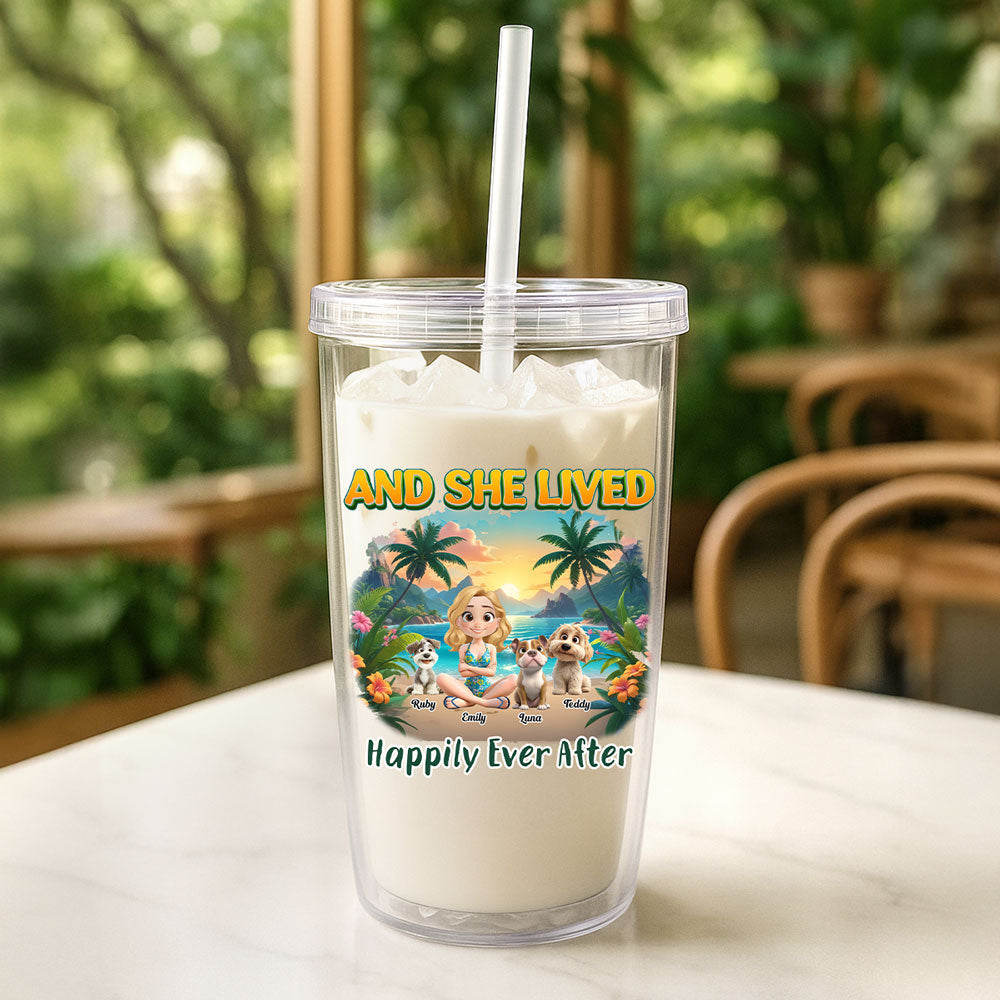 She Lived Happily With Her Dog - Personalized 14oz Plastic Tumbler
