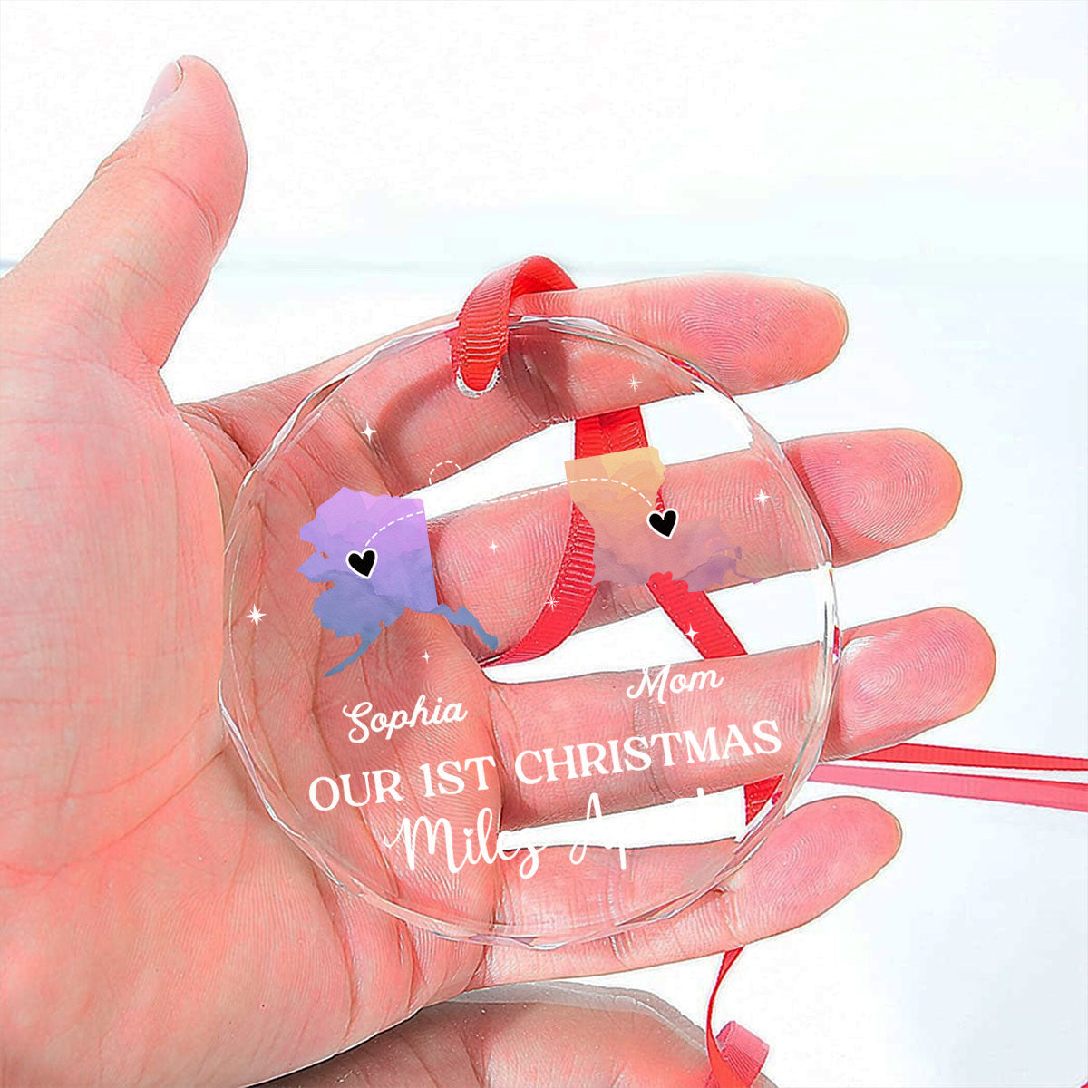 Custom Family First Christmas Ornament •  Our Christmas Miles Apart Same Love - Personalized Glass Ornament