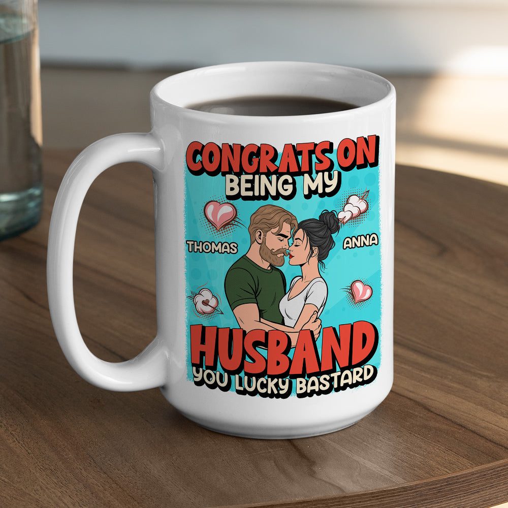 Custom Anniversary Keepsake Gifts For Couple • Congrats On Being My Husband Retro Style - Personalized Coffee Mug