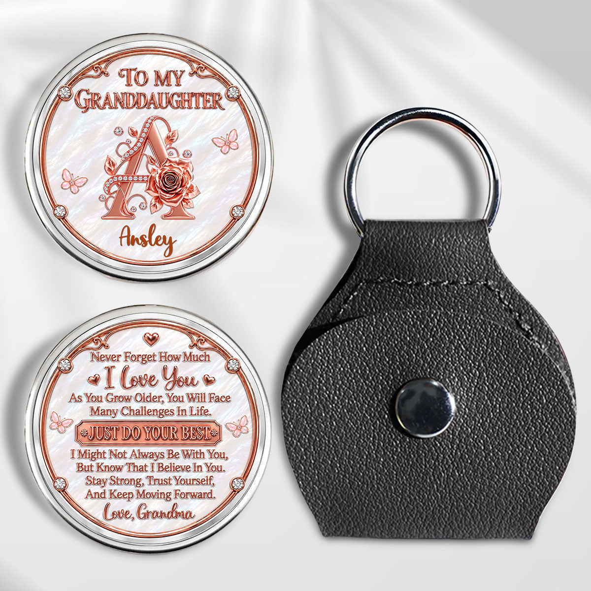 Custom Coin Keychain For Granddaughter Niece, Family Keepsake, • Strong At Heart - Personalized 3D Printing Pocket Hug