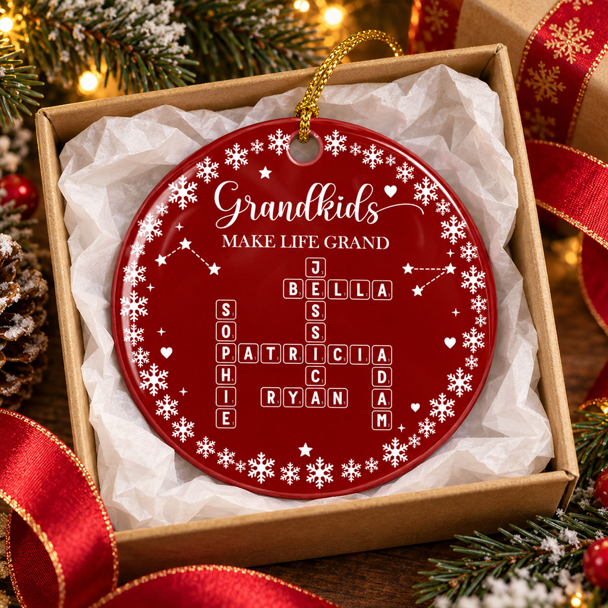 Custom Family Ornament, Christmas Gift for Family Members •  Life Is Grand With Grandkids - Personalized Ceramic Ornament