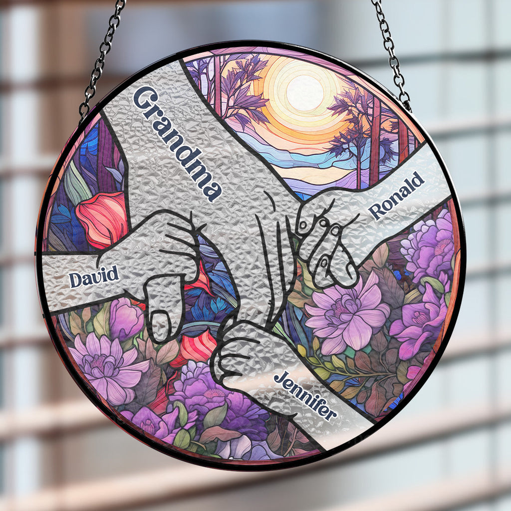 Custom Name Grandma Hanging Decor, Mother's Day Birthday Gifts • Hold Our Hands And Our Hearts - Personalized Window Hanging Suncatcher