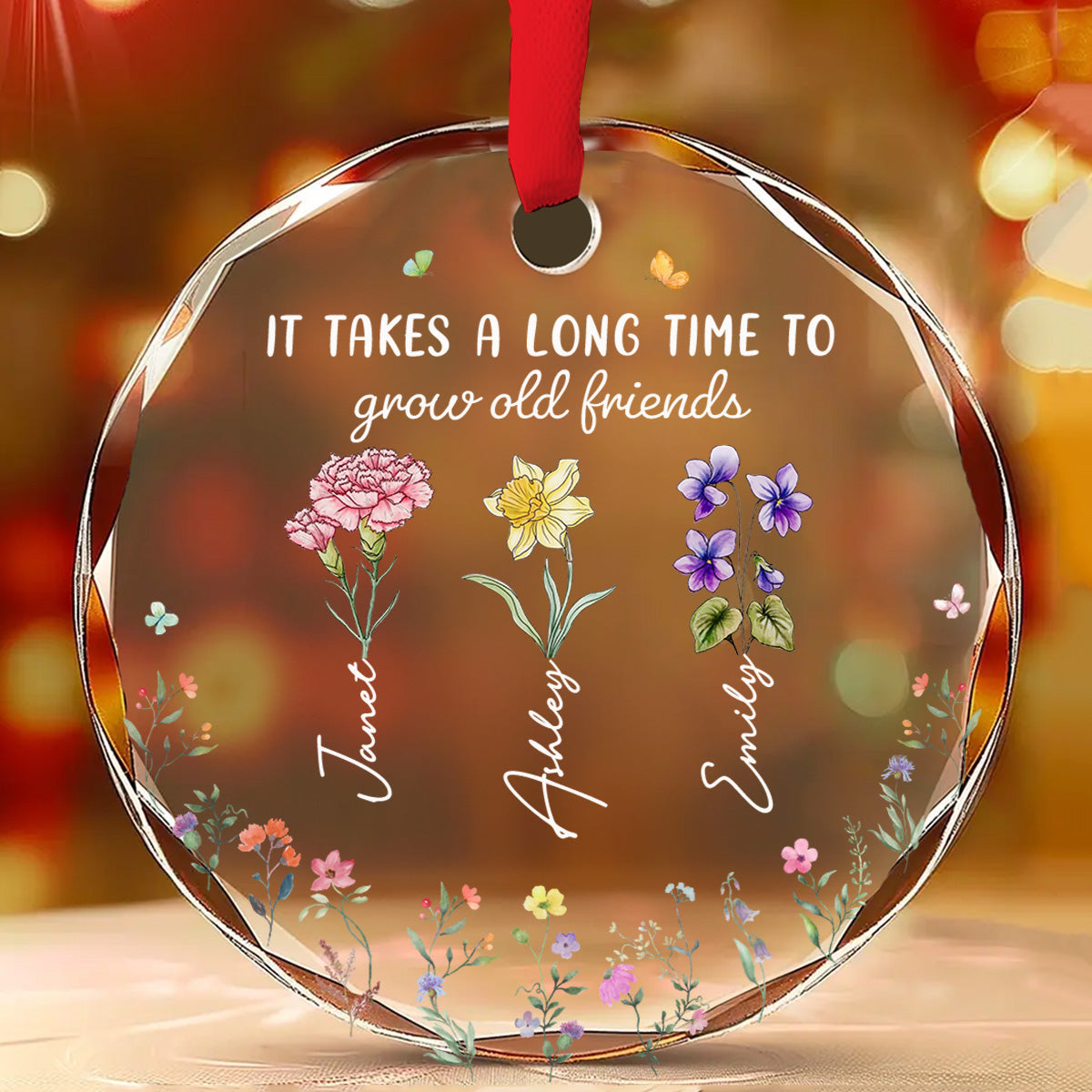 Custom Friendship Christmas Ornament, Best Friend Gift •  Bloom Where Friendship Is Planted - Personalized Glass Ornament