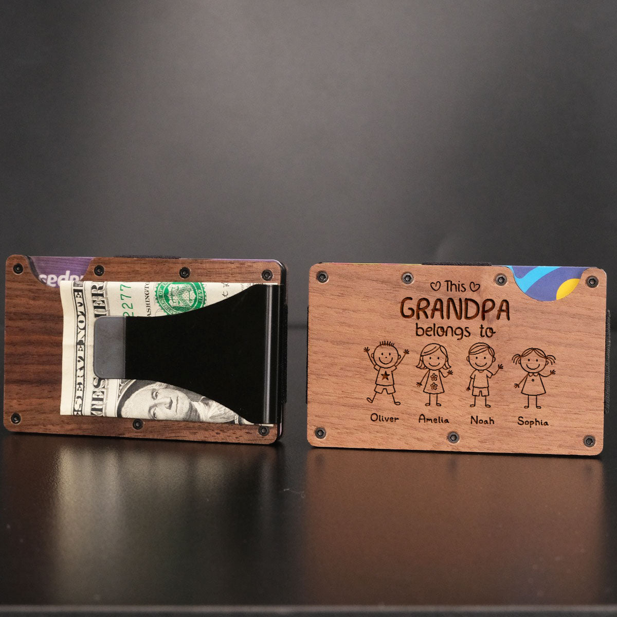 This Grandpa Belongs To Us - Personalized Engraved Wooden Card Holder