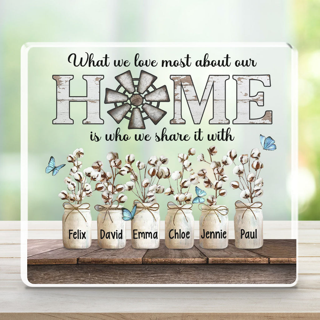 Custom Family Decor, Christmas Birthday Family Keepsake • What We Love Most About Our Home - Personalized Acrylic Plaque
