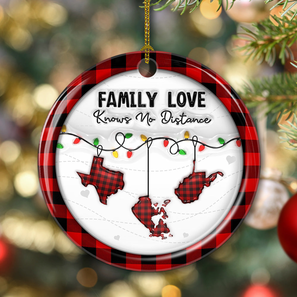 Custom Family Christmas Ornament for Long Distance Families •  Family Love Know No Distance Red - Personalized 3D Effect Ceramic Ornament