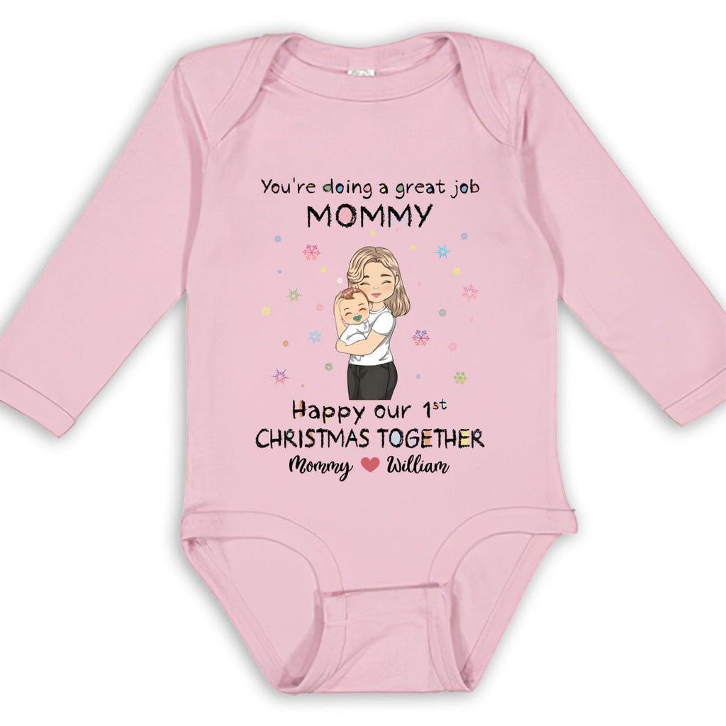 Mommy Doing A Great Job Merry Christmas - Personalized Long Sleeve Baby Onesie