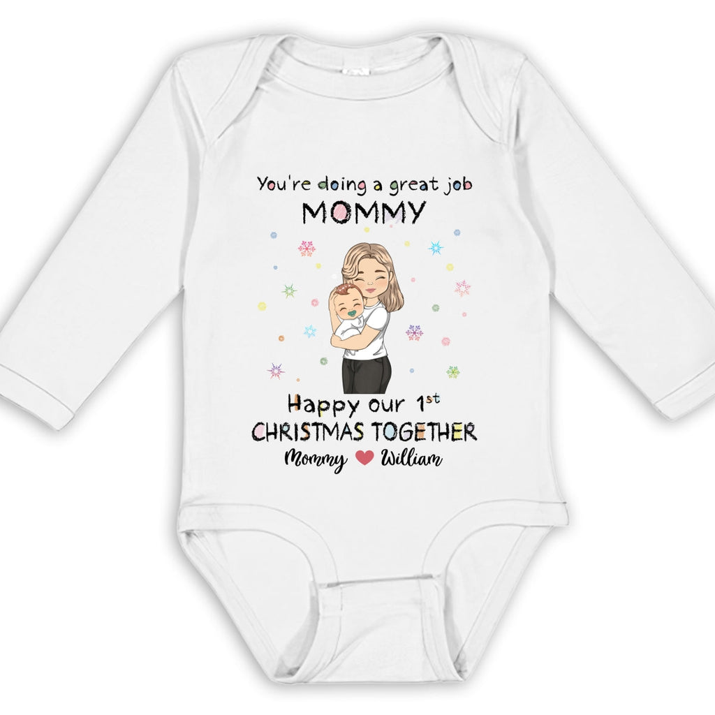 Mommy Doing A Great Job Merry Christmas - Personalized Long Sleeve Baby Onesie