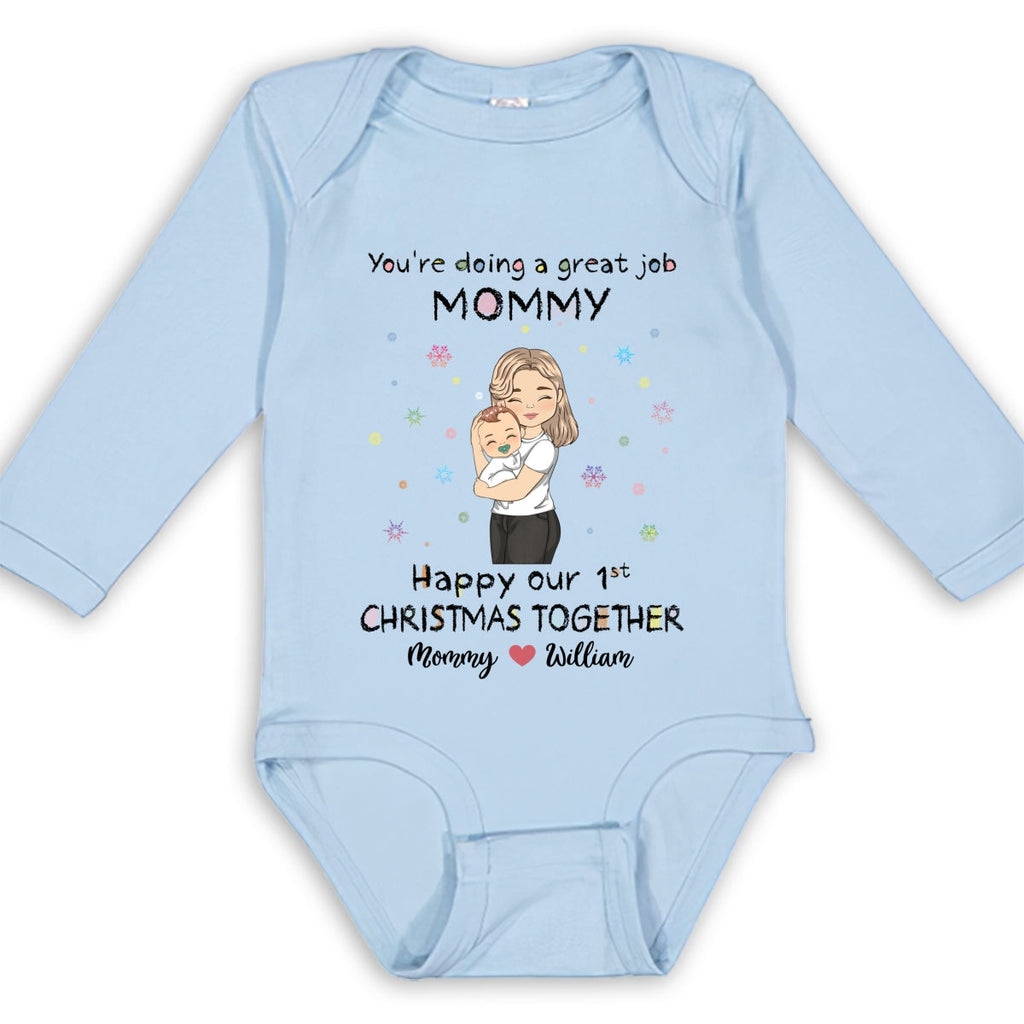 Mommy Doing A Great Job Merry Christmas - Personalized Long Sleeve Baby Onesie