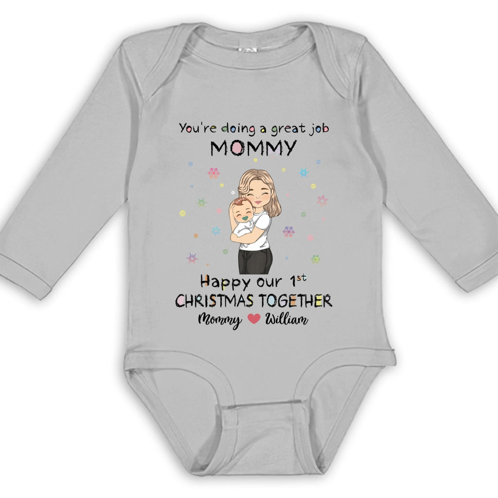 Mommy Doing A Great Job Merry Christmas - Personalized Long Sleeve Baby Onesie
