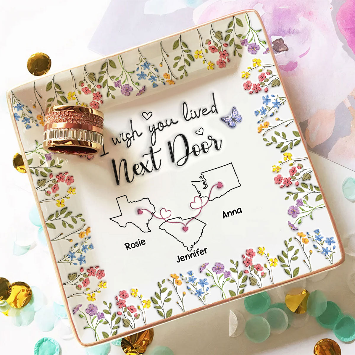 Custom Bestie Trinket Dish, Birthday Christmas Gift For Best Friend • I Wish We Lived Closer Floral Version - Personalized Jewelry Dish
