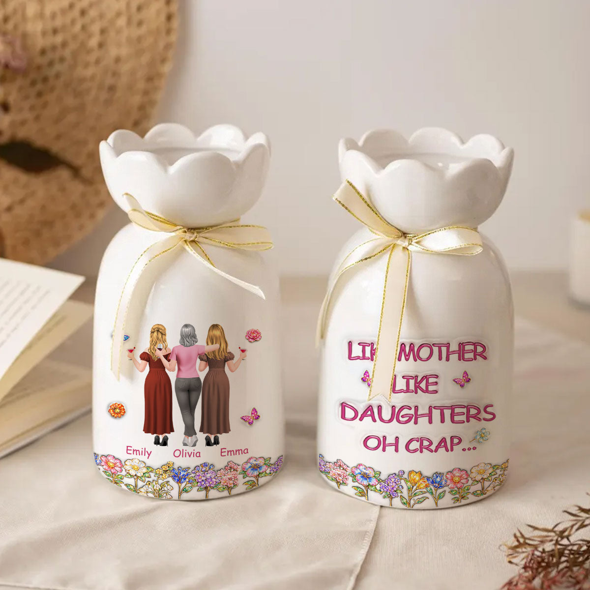 Like Mother Like Daughter - Personalized 3D Effect Ribbon Tie Flower Vase