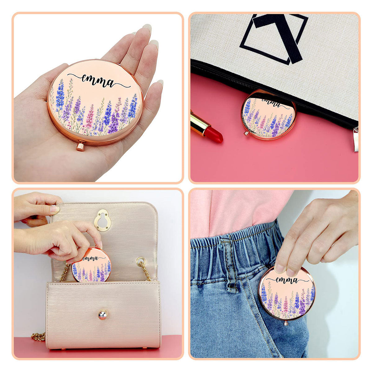 Name And Birthflower - Personalized Compact Mirror